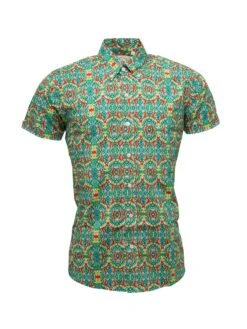 Men's Short Sleeve Green & Red Patterned Print Shirt - S/S RSL 20